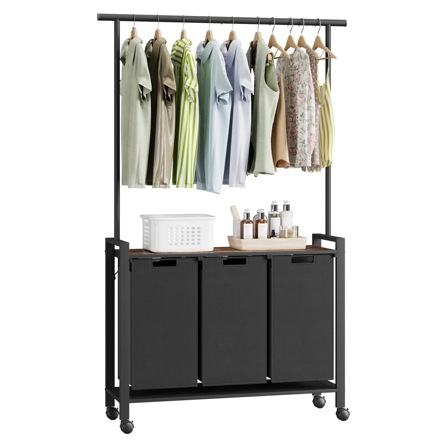 Laundry Sorter With Extendable Hanging Bar Laundry Basket With Wheels And Shelf, Laundry Room Organization And Storage