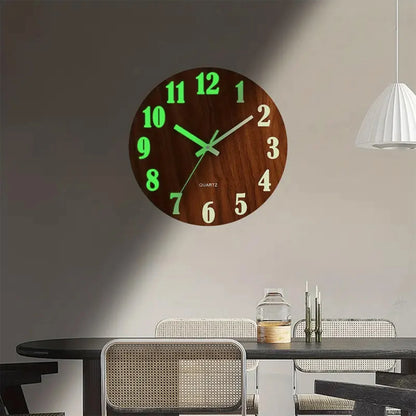 12 Inch Wooden Simple Luminous Wall Clock Silent Non Ticking Analog