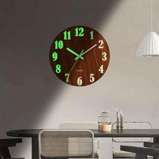 12 Inch Wooden Simple Luminous Wall Clock Silent Non Ticking Analog