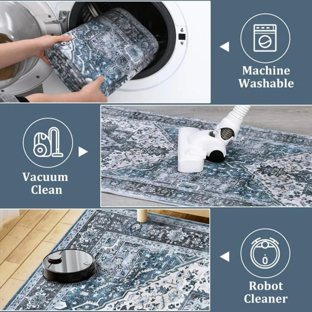 Washable Area Rugs 8x10 Living Room Rug Vintage Medallion  Soft Floor Cover Low Pile Non-Slip