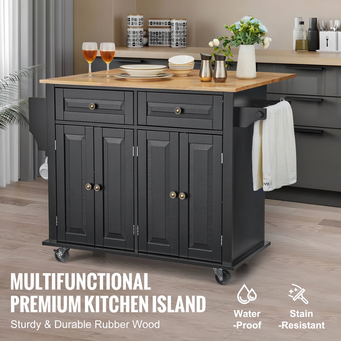 43" Kitchen Island Mobile Cart Wood Top