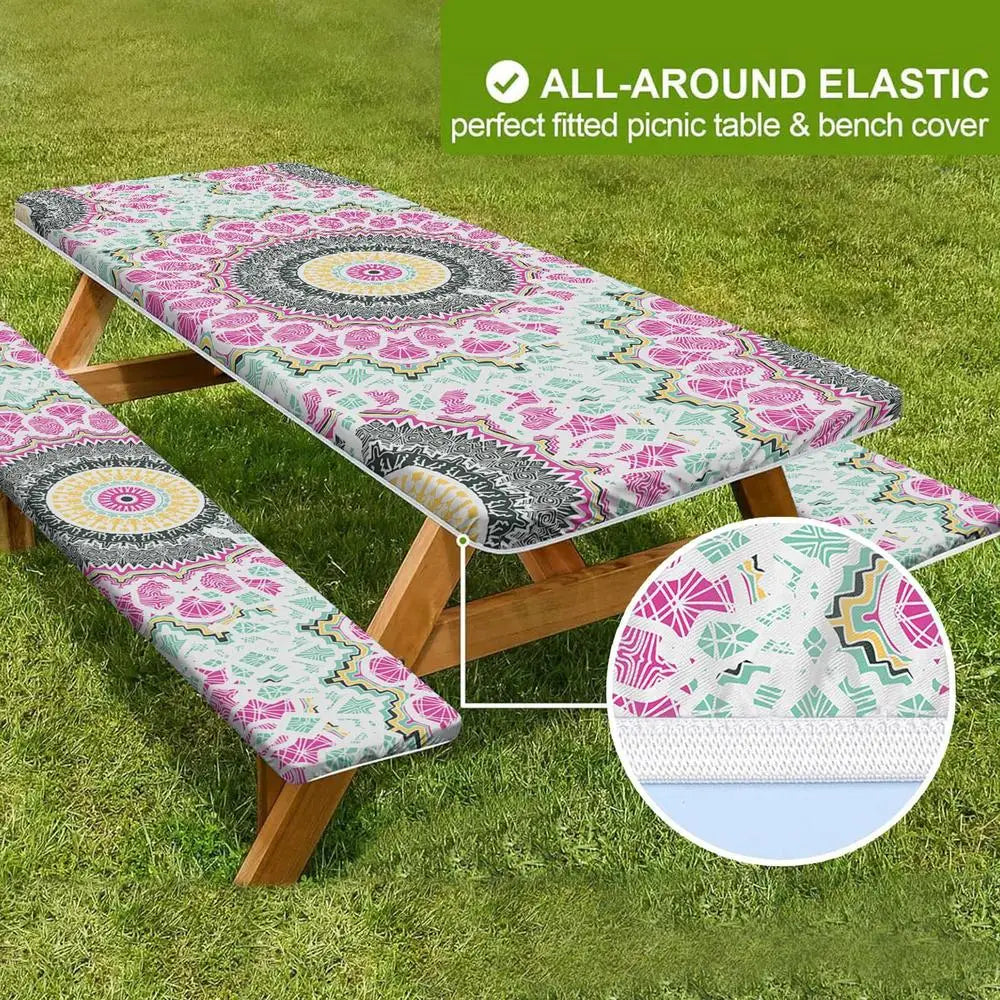 3pcs Picnic Table Covers With Elastic Tablecloth For Outdoor Parties And Camping