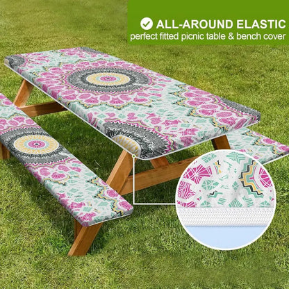 3pcs Picnic Table Covers With Elastic Tablecloth For Outdoor Parties And Camping