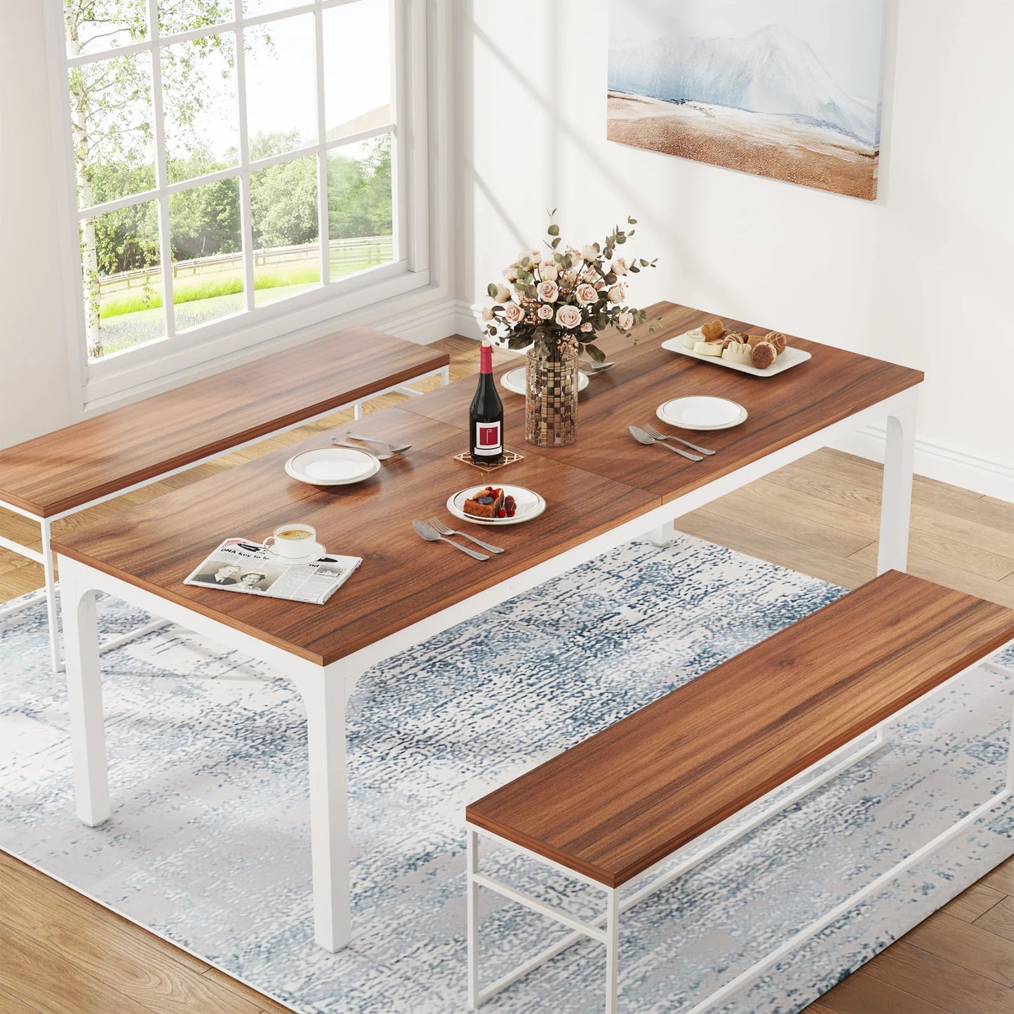 Dining Table for 6-8 People, 200cm Large Narrow Long Rectangular Kitchen Dinner Table, Rustic Wood Dining Table