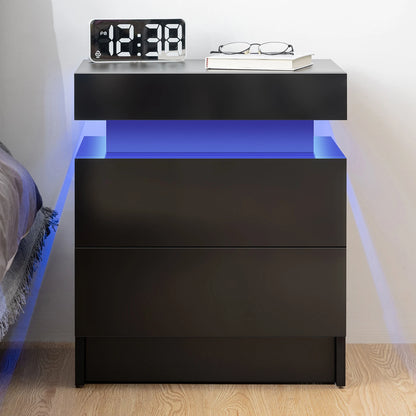 Nightstand RGB LED Light Bedside Table Cabinet with 2 Drawer Bedroom High Gloss