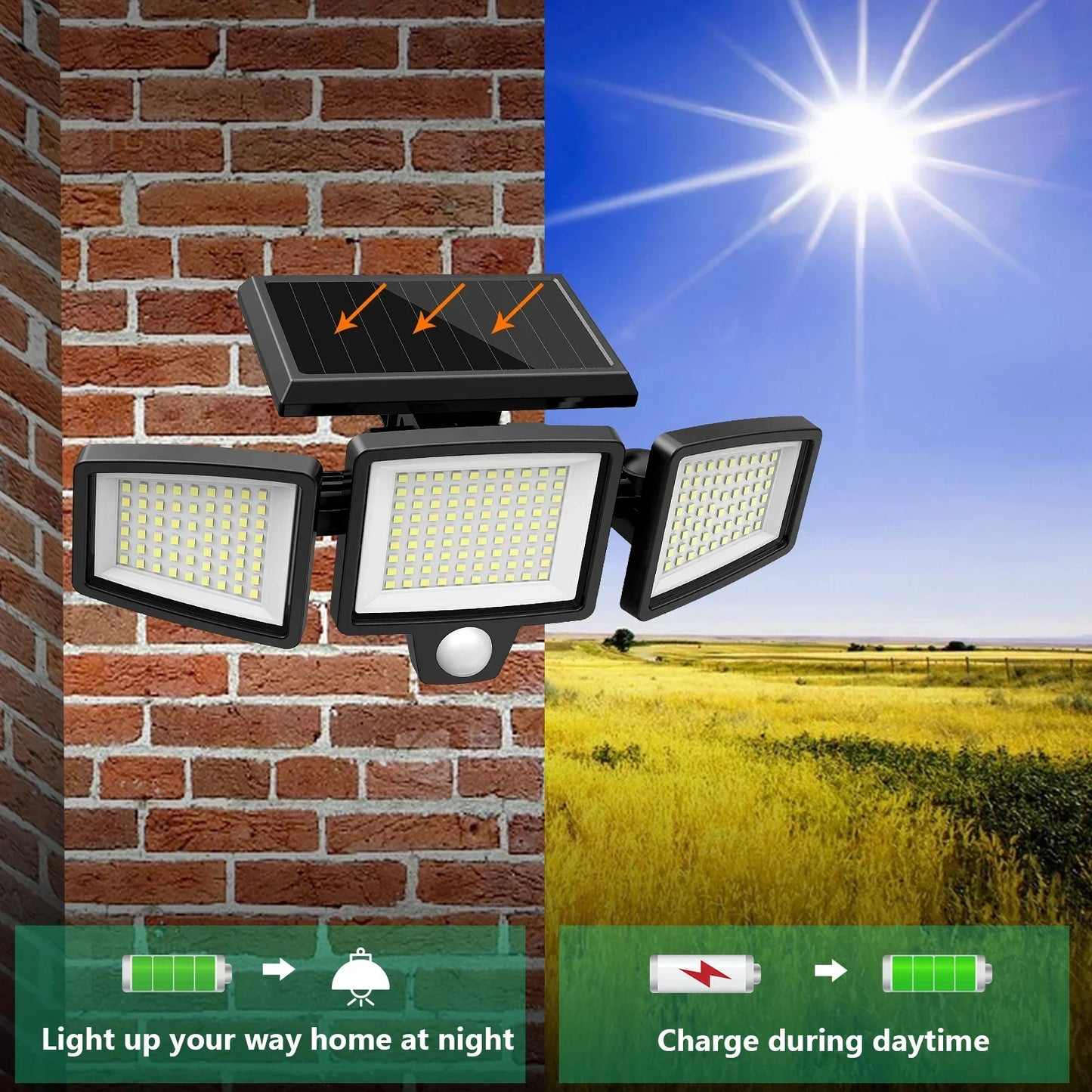 (5/4/3/2/1 pcs) 3-Head Solar Outdoor Light, Motion Sensor Security Light with Wireless Remote Control