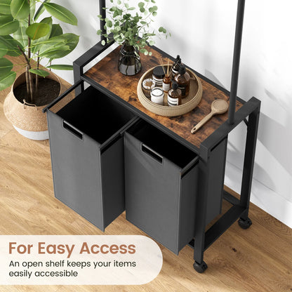 Laundry Sorter With Extendable Hanging Bar Laundry Basket With Wheels And Shelf, Laundry Room Organization And Storage