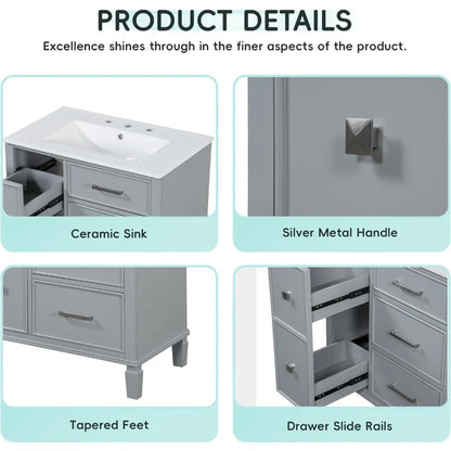 30 inch Bathroom Vanity with Sink, Freestanding Bathroom Vanity Cabinet with Double-Layer Pull Out Drawer