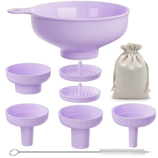 Wide mouth multi-purpose funnel, canning funnel for kitchen, food grade plastic cooking funnel set, 4 size nozzles and 2 filters