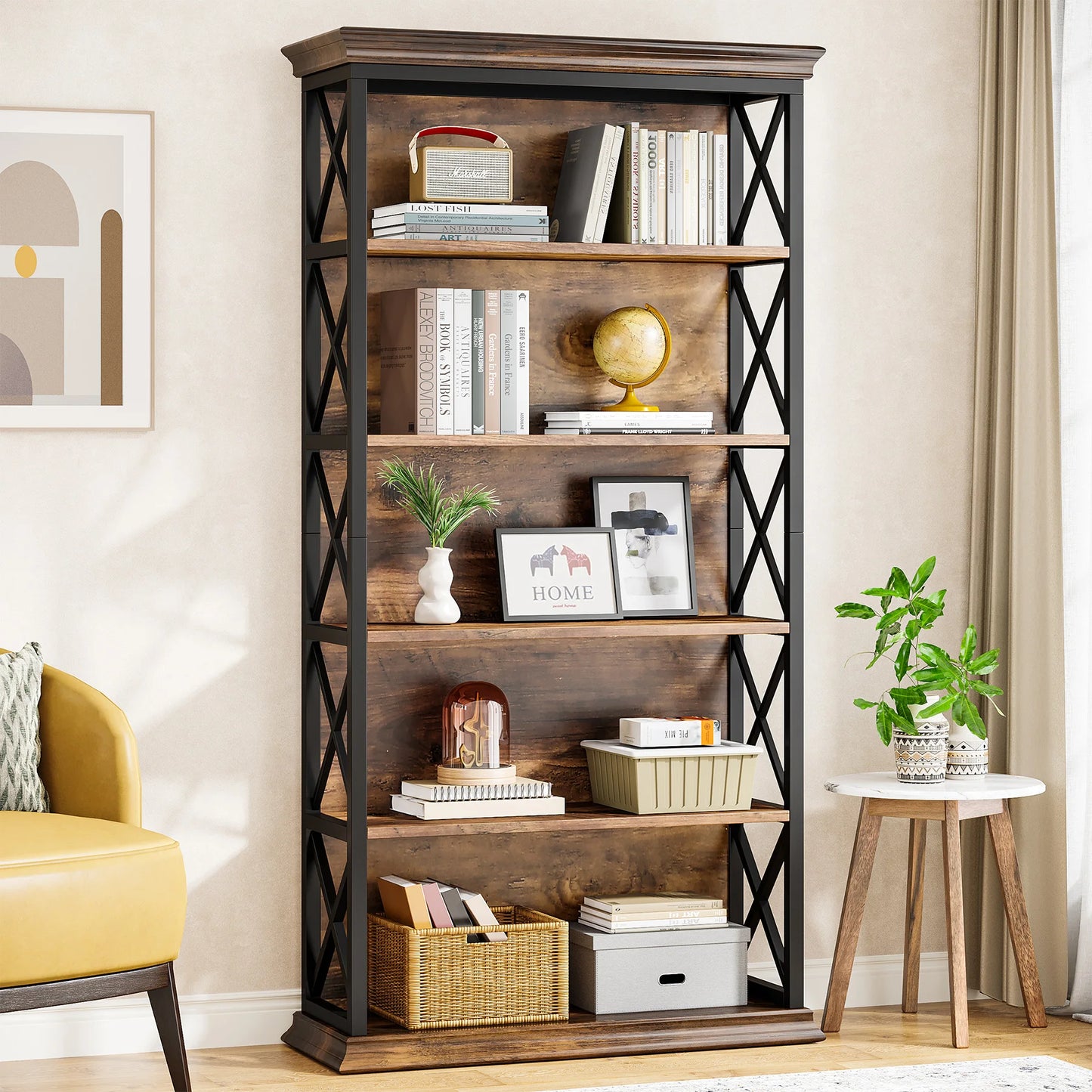 6-Tier Bookcase, 71 Inches Industrial Bookshelves and Bookcases, Floor Standing 5 Shelf Display Storage Shelves