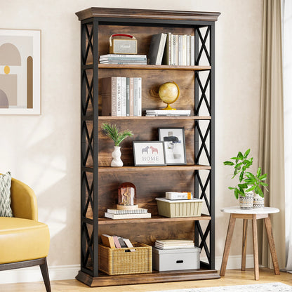 6-Tier Bookcase, 71 Inches Industrial Bookshelves and Bookcases, Floor Standing 5 Shelf Display Storage Shelves