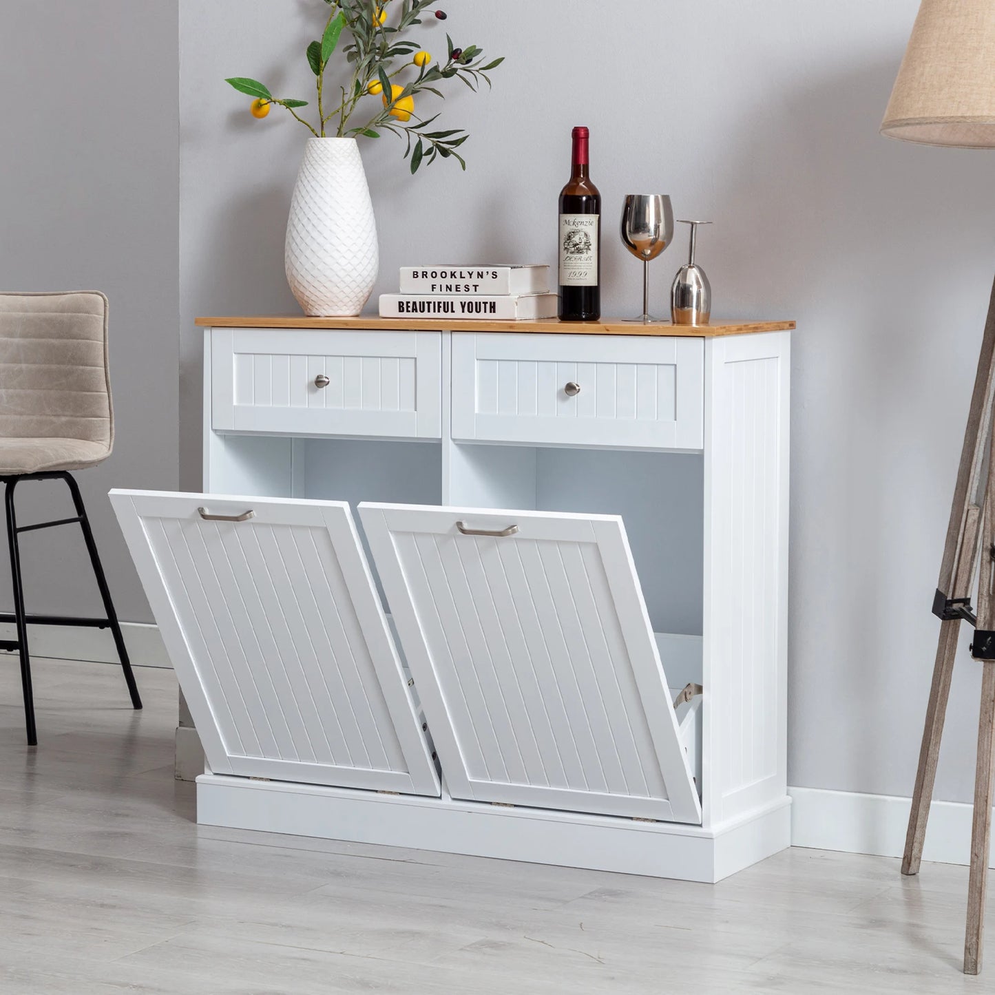 Double Tilt Out Trash Cabinet 20 Gallon, Freestanding Wooden Kitchen Trash Recycling Cabinet with Drawer & Removable Cutting Boa