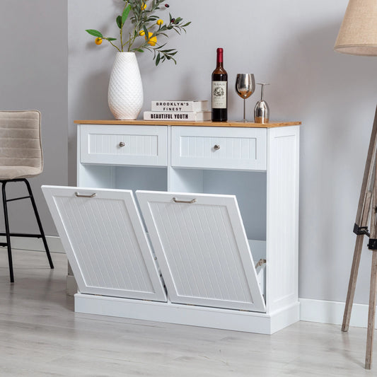 Double Tilt Out Trash Cabinet 20 Gallon, Freestanding Wooden Kitchen Trash Recycling Cabinet with Drawer & Removable Cutting Boa