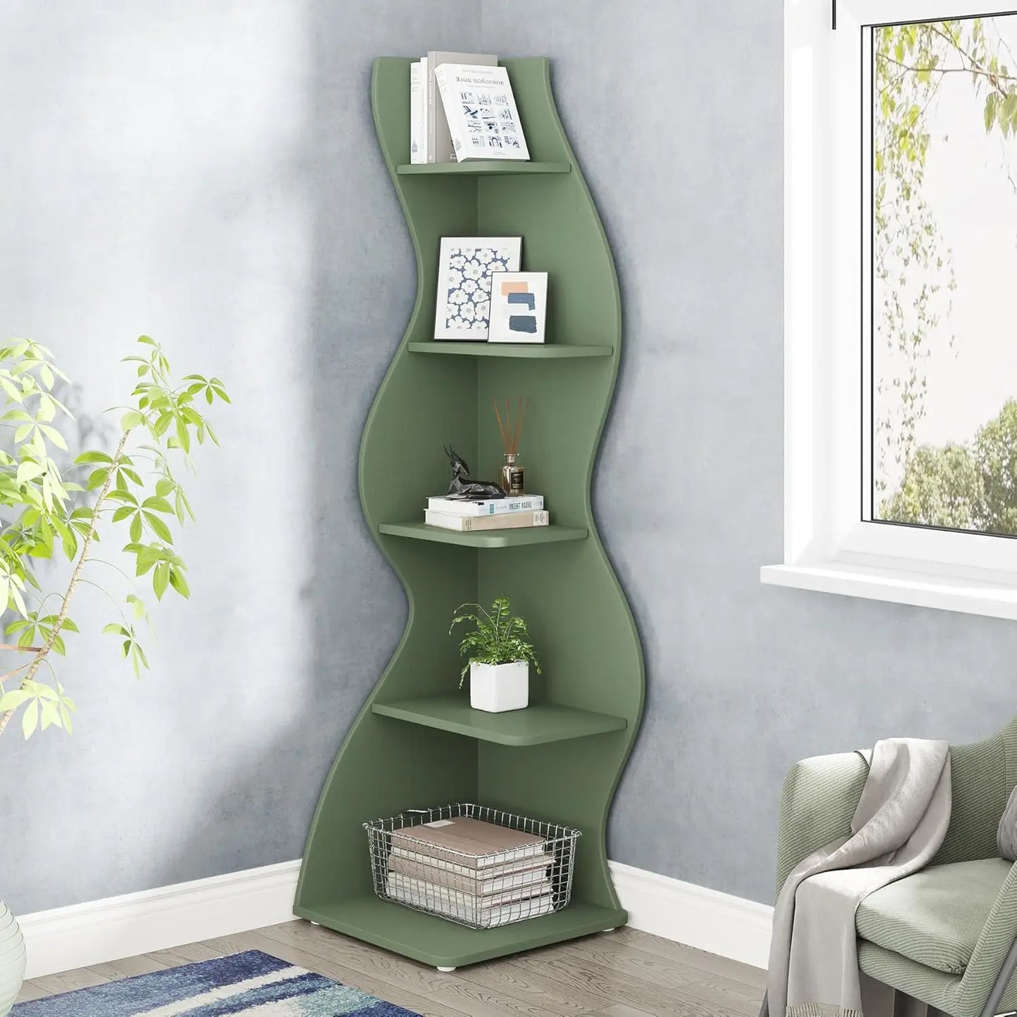 Modern 5-Tier Corner Bookshelf, Stylish Corner Bookcase Storage Rack Plant Stand with Unique Shape for Living Room, Home Office