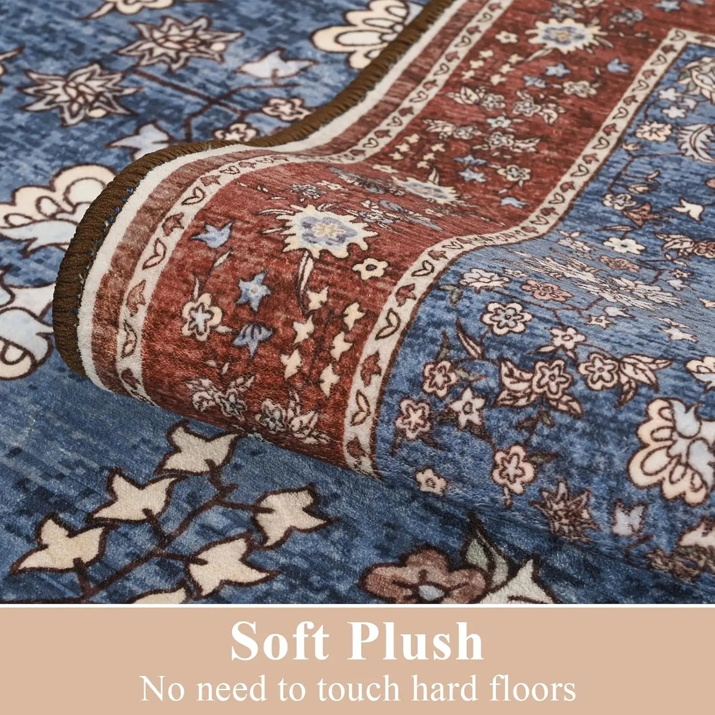 Washable Area Rugs for Living Room Bedroom Vintage Floral Print  Rug Soft Low Pile Non Slip
