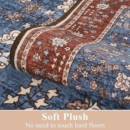 Washable Area Rugs for Living Room Bedroom Vintage Floral Print  Rug Soft Low Pile Non Slip