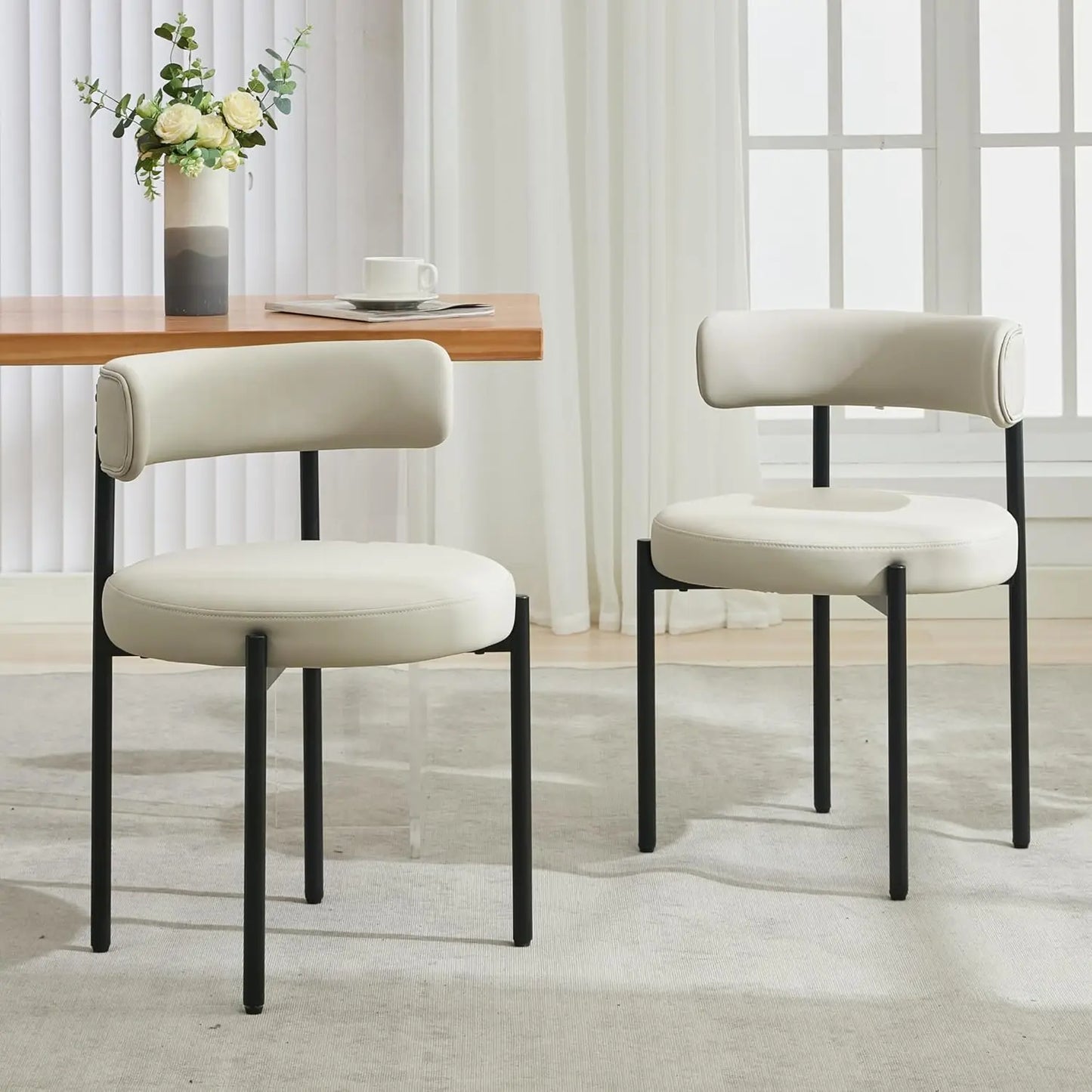 Faux Leather Dining Chairs Set of 4, Mid Century Modern Dining Room Chairs with Barrel Backrest, Upholstered Black Kitchen Chair