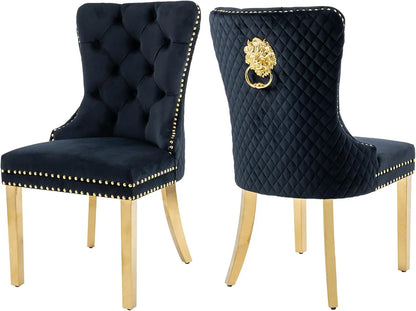 Velvet Dining Chairs Set of 2,  Dining Room Chairs with Gold Metal Legs and Lion Head Pull Ring