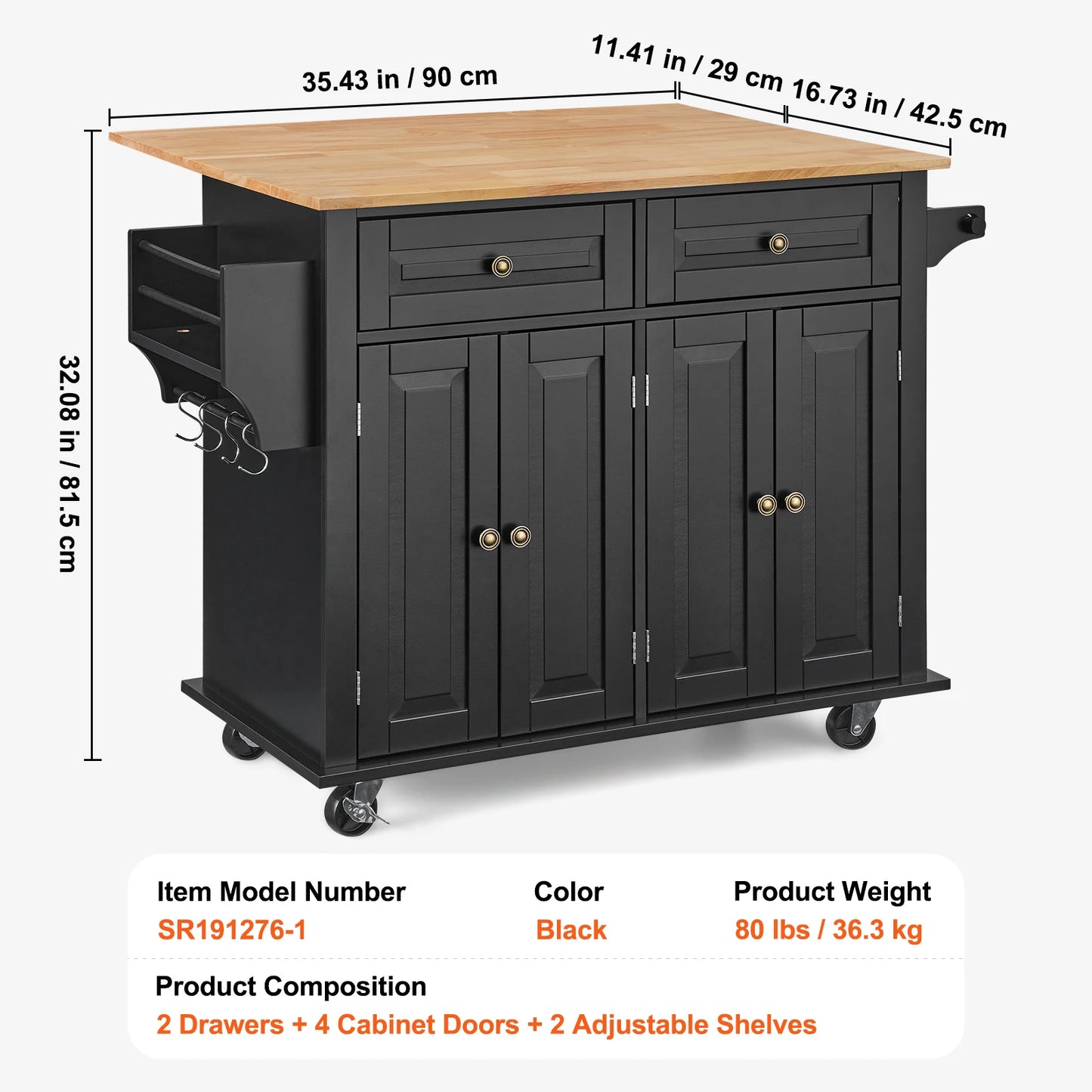 43" Kitchen Island Mobile Cart Wood Top