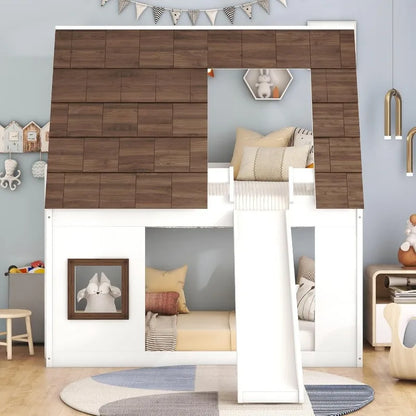 Twin Over Twin House Bunk Bed Frame with Roof ,Window ,Ladder and Slide for Boys Girls, White & Brown