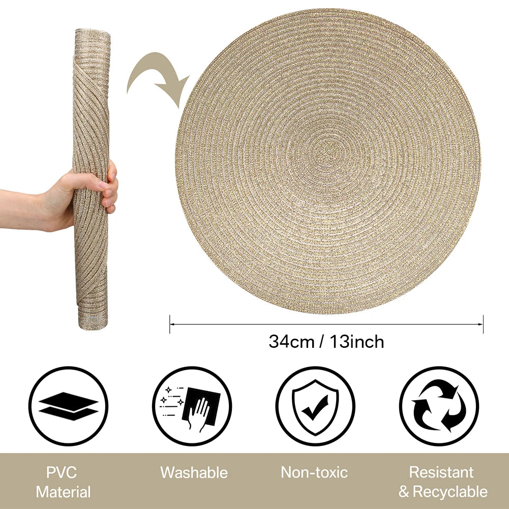 Round Braided Set of 6 Washable Round Placemats for Christmas Kitchen Wedding Dining Table 34cm Woven Heat Resistant Place Mats