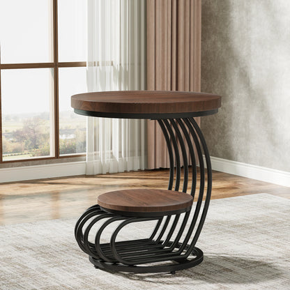 Gold Round End Table: 2 Tiers Faux Marble Side Table with Storage Shelf, Modern White Gold Bedside Nightstand