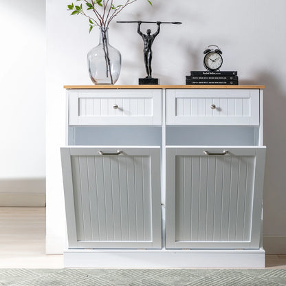 Double Tilt Out Trash Cabinet 20 Gallon, Freestanding Wooden Kitchen Trash Recycling Cabinet with Drawer & Removable Cutting Boa