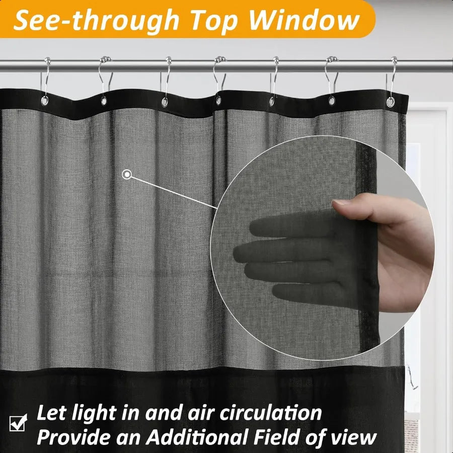 Black Linen Shower Curtain with Snap in Liner Set and Hooks Rustic Style Modern Farmhouse Shower Curtain Heavy Duty Burlap Clot