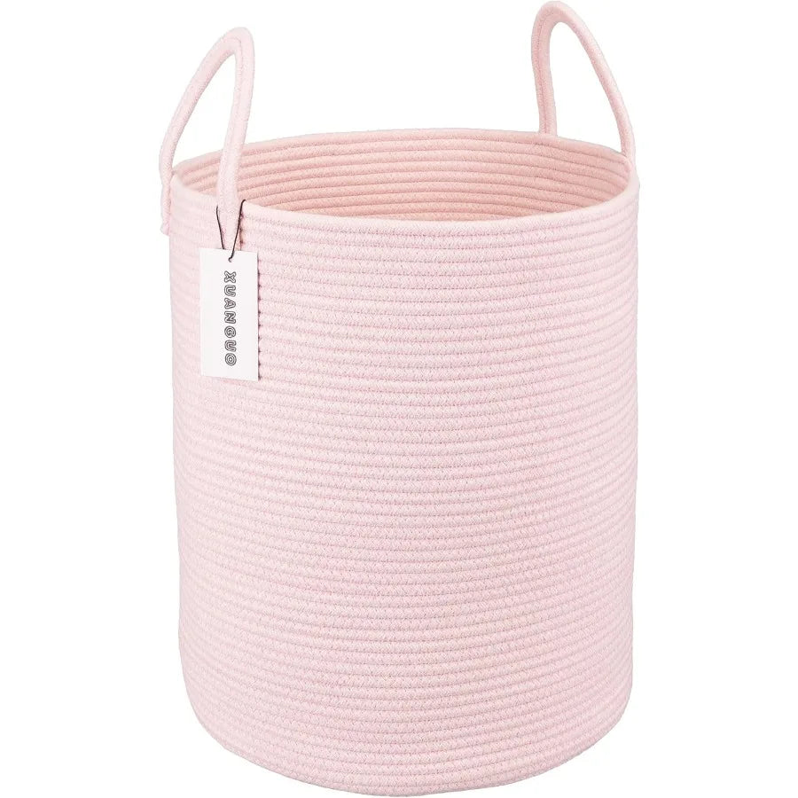 Large Light Pink Cotton Rope Laundry Basket Hamper for Girls Baby Nursery Storage Bin