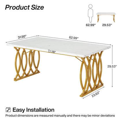 63-Inch Rectangular Dining Table for 4 to 6, Modern Kitchen Table with Faux Marble Table Top