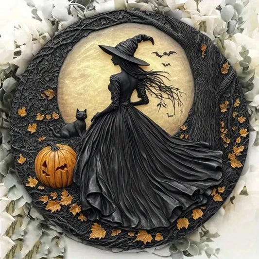 Aluminum Vintage Halloween Wall Art, Witch, Cat, Pumpkin, Moon, Decorative Plaque with Autumn Leaves Design, Halloween Decor