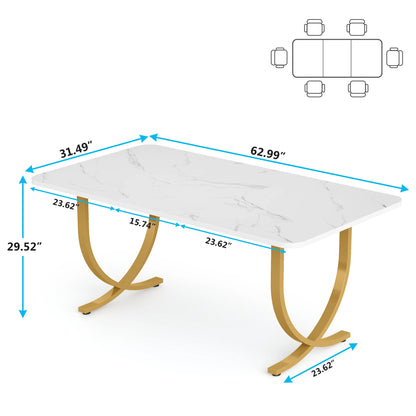 63-Inch Rectangular Dining Table for 4 to 6, Modern Kitchen Table with Faux Marble Table Top