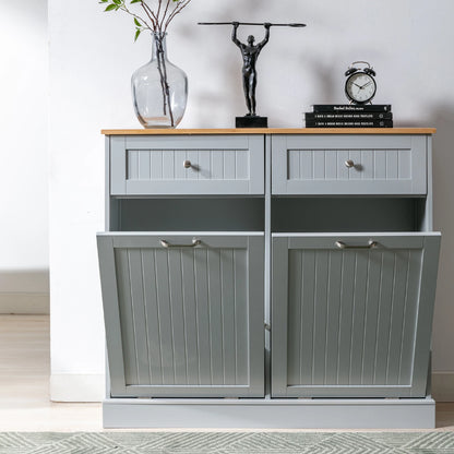 Double Tilt Out Trash Cabinet 20 Gallon, Freestanding Wooden Kitchen Trash Recycling Cabinet with Drawer & Removable Cutting Boa