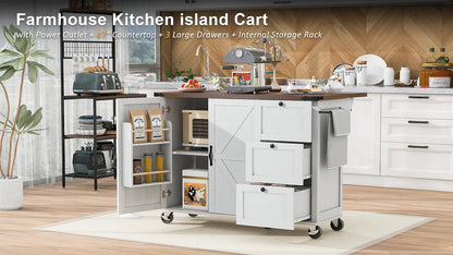 54.5" Farmhouse Kitchen Island with Power Outlet, Kitchen Storage Island  with Internal Storage Rack, Drop Leaf, Spice Rack