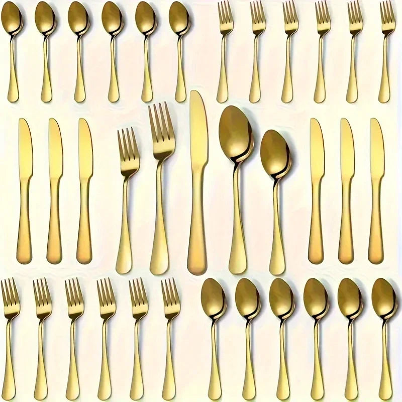 30/60-Piece Luxury Golden Flatware Set, Stainless Steel Cutlery Includes Dinner Spoons,Dinner Forks, Salad Forks, Dinner Knives