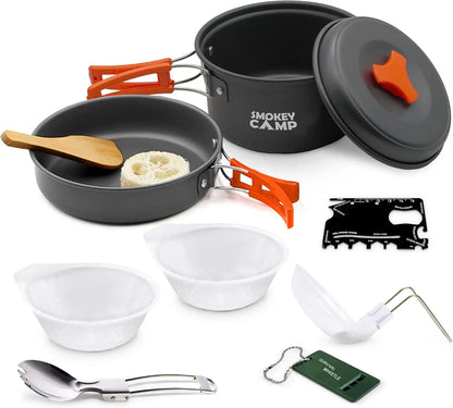 Camping Cookware Mess Kit Set with Stove - Backpacking Camping Pots and Pans Set All in One Non-Stick Camping Cooking Set