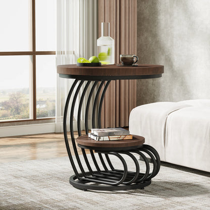 Gold Round End Table: 2 Tiers Faux Marble Side Table with Storage Shelf, Modern White Gold Bedside Nightstand