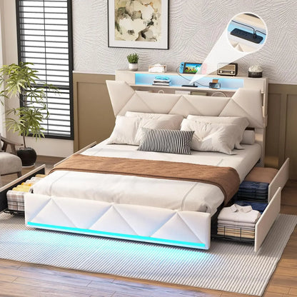 Bed Frame Queen with Storage Headboard&4 Drawers Upholstered Platform Bed Frame with Charging Station &LED Lights