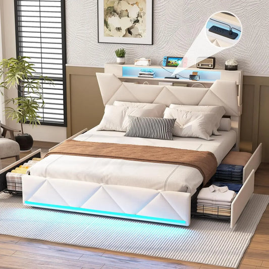 Bed Frame Queen with Storage Headboard&4 Drawers Upholstered Platform Bed Frame with Charging Station &LED Lights
