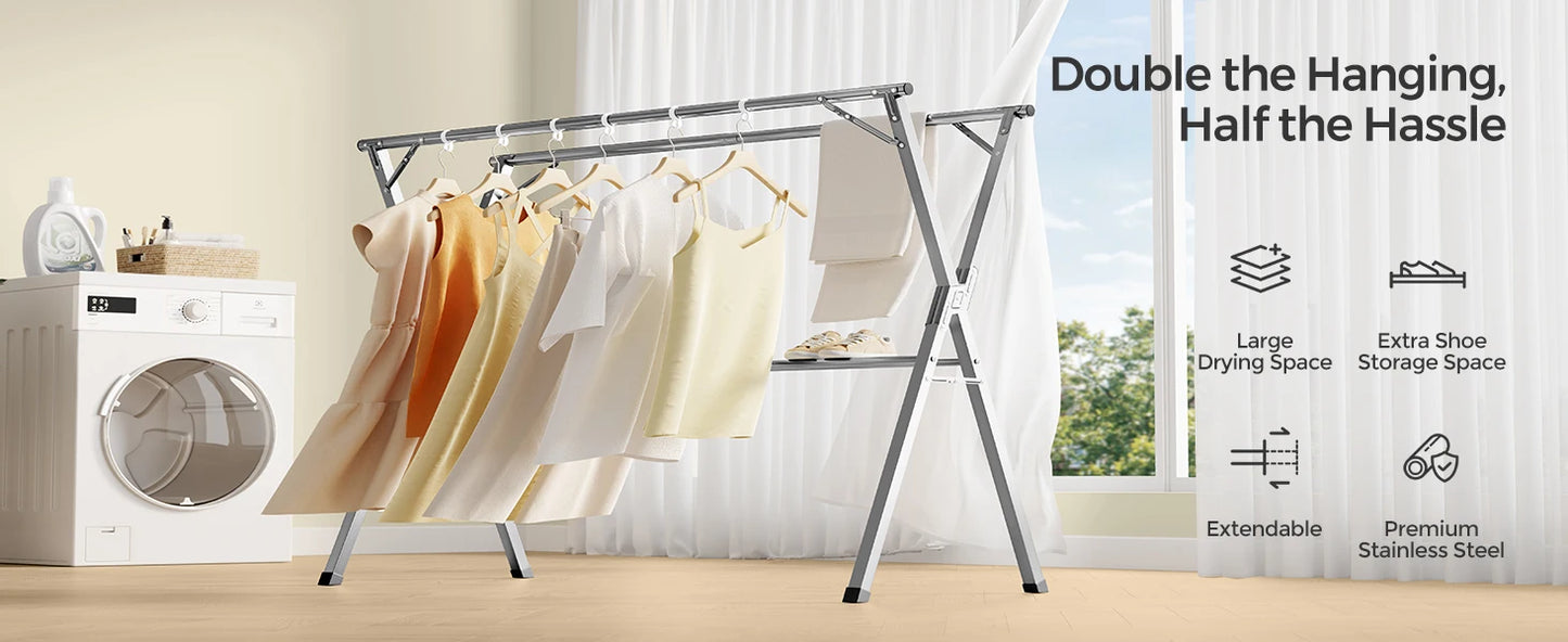 Clothes Drying Rack Heavy-Duty Laundry Drying Rack 45.7-63.4 Inches Extendable Foldable Freestanding Airer Stainless Steel for I