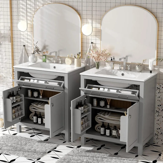 60" Bathroom Vanity Set with Double Sink, Vanity Cabinet with Flip Drawer, 2 Doors, and Adjustable Shelf