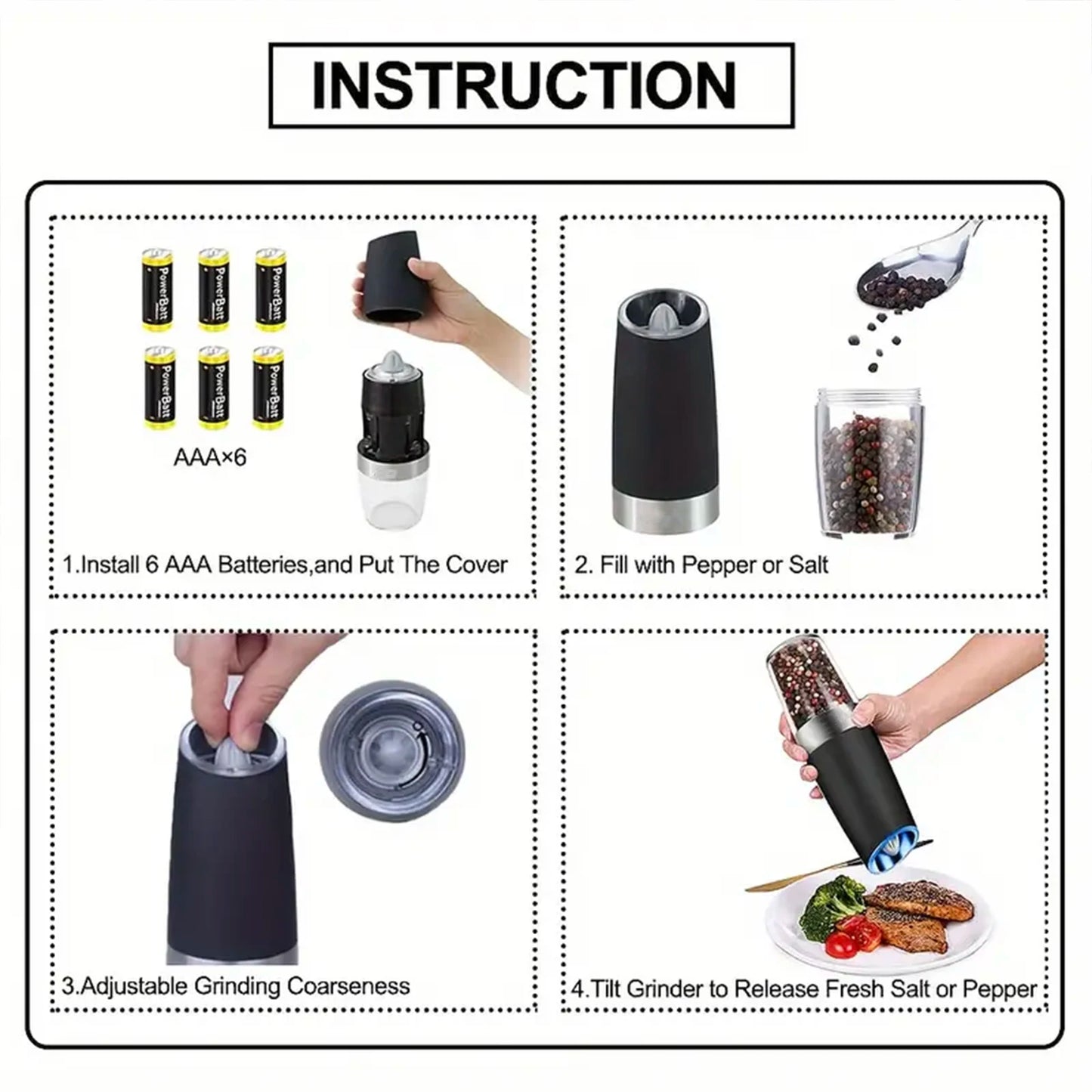 Gravity Electric Salt And Pepper Mill, Tilt To Grind Automatically, Battery Powered, Coarseness Adjustable