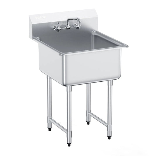 Stainless Steel Kitchen Prep & Utility Sink 1 Compartment Restaurant Commercial Steel Sink w/Faucet for Restaurant Home