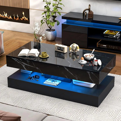Modern Stylish Coffee Table with LED lights, Double-Layer Design for Living Room Coffee Table with 2 Storage Drawers