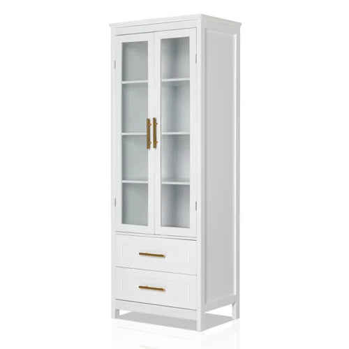2 Glass Doors 2 Drawers Bathroom Standing Cabinet, Modern Style Bookcase, Household Storage Lockers, White