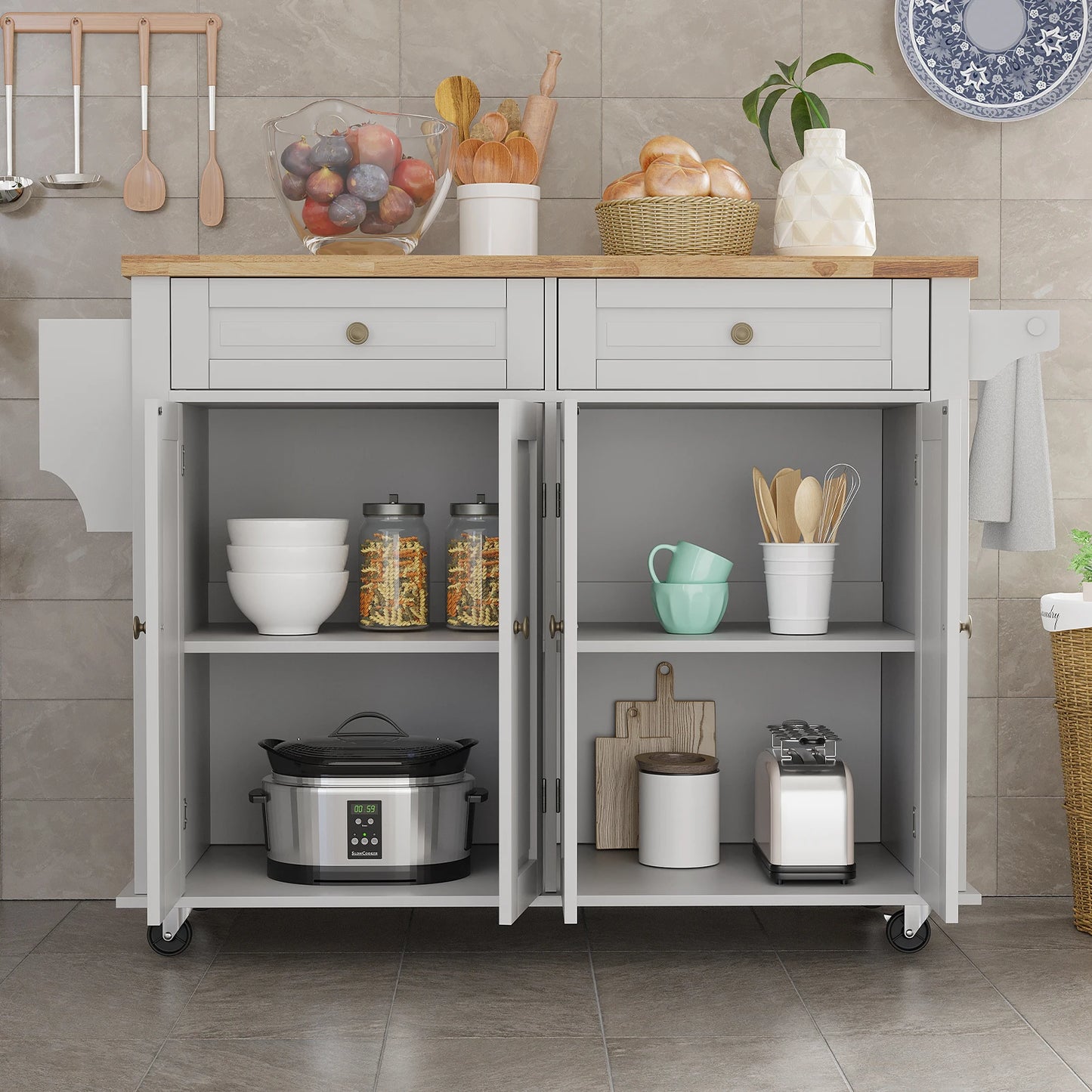 Rolling Kitchen Island with Drop Leaf – Movable Kitchen Carts on Wheels Island with Storage Cabinet