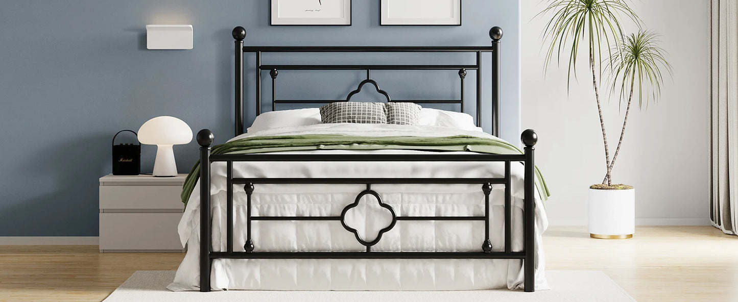 14 Inch Metal Platform Bed Frame, Vintage Victorian Style, Wrought Iron Headboard and Footboard