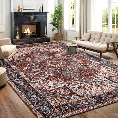 Faux Cashmere Vintage Printed Rug Area Rugs, Low Pile Rugs for Living Room Bedroom