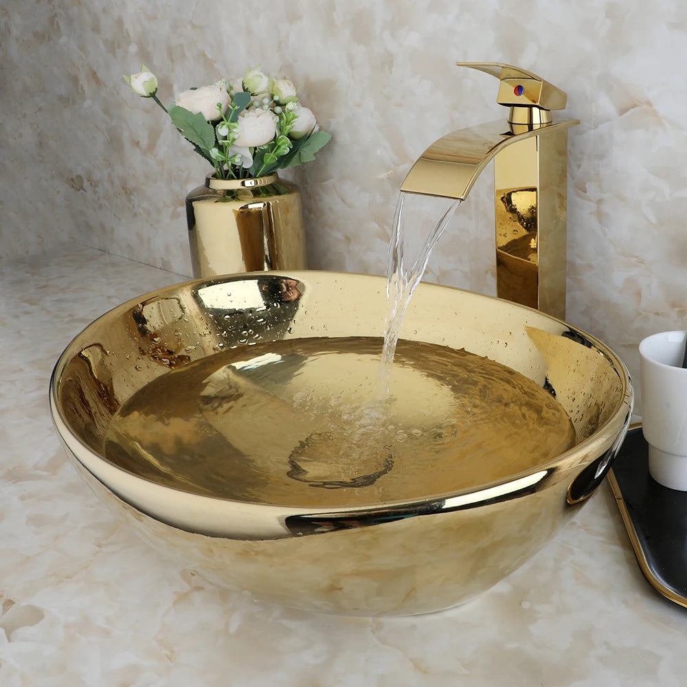 Gold Ceramic Luxury Bathroom Vessel Sink Set  Bowl Washbasin Waterfall Brass Faucet Pop Up Drain Combo High-End Basin Kit
