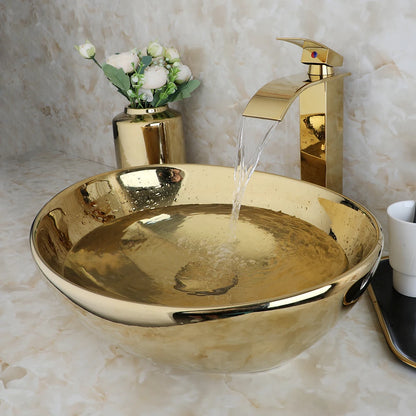 Gold Ceramic Luxury Bathroom Vessel Sink Set  Bowl Washbasin Waterfall Brass Faucet Pop Up Drain Combo High-End Basin Kit